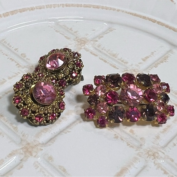 Vintage Pink Rhinestone Brooch & Clip-On Earrings Set - Picture 1 of 5